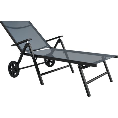 Lettino prendisole reclinabile, chaise longue pieghevole, 5 posizioni, grigio, schienale regolabile fino a 135°, seduta in Textilene ad asciugatura rapida, ruote, telaio in acciaio, portata massima 12