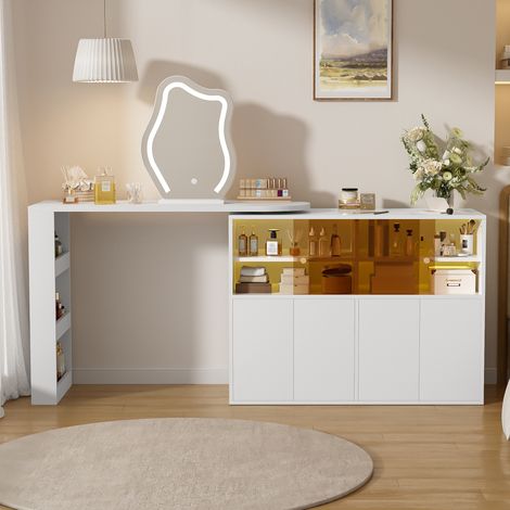 Coiffeuse pivotante 177x40x131,5 cm avec miroir LED 3 couleurs, rangements, LED via application, fonction bureau 2-en-1,Panneau de particules, blanc (1/5)