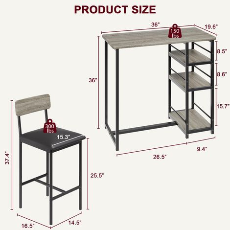Ensemble Table de Bar 3 pièces, Table à Manger avec 2 chaises pour Cuisine, Salle à Manger, Bistro, etc. Table Haute avec Cadre en métal et 2 chaises avec Dossier et Rembourrage (Gris) (1/5)