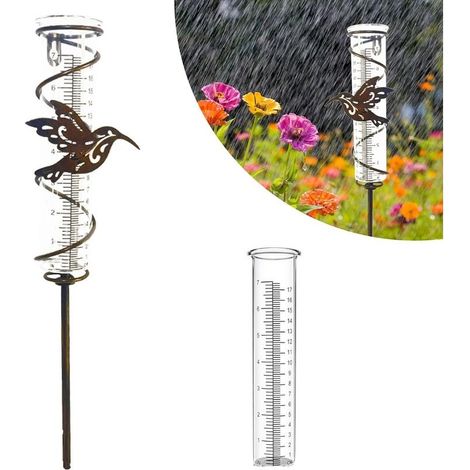 Pluviometre Exterieur Jardin, Pluviomètres en Verre avec Piquet en Métal, Tube de Jauge de Pluie Détachable pour Clôture de Jardin Pelouse Terrasse (Colibri) (1/5)
