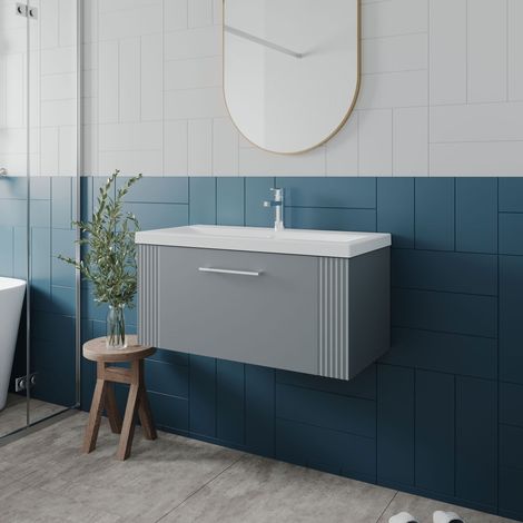 Nuie Deco Satin Grey 800mm Wall Hung Single Drawer Vanity Unit and Thin Edge Ceramic Basin - DPF296D (1/5)