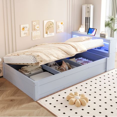 Letto contenitore singolo 90x200 cm, con sollevamento idraulico, LED e presa multifunzione, grigio, senza materasso (1/5)