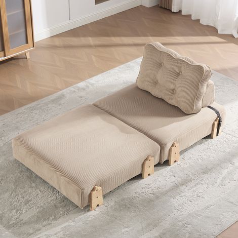 Sillón Cama Plegable, Respaldo Acolchado Ergonómico, Estructura de Madera, Pana Color Caqui para Espacios Pequeños (1/5)
