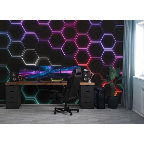 Fototapete Hexagone Gaming 3D-Optik, für Jugendzimmer, 350 x 250 cm – Komplettset inkl. Kleister & Anleitung (1/5)