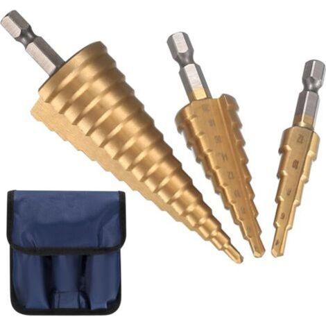 3 Pcs Foret Étagé, HSS Foret Etage avec Poinçon de Centre Automatique, Meche Etage Triangle Conique Coupeur de Trou de Peu de Foret de Cône Enduit pour Metal, Acier, Bois - 4mm-12/20/32mm
