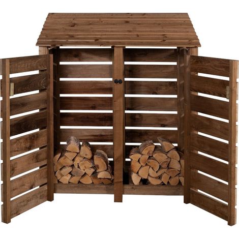 Slatted wooden log store with door W-146cm, H-180cm, D-88cm - brown finish (1/3)