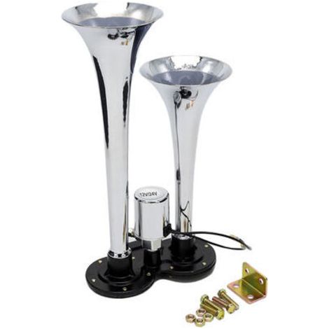 Kit de haut-parleur de klaxon d'air chromé à double trompette 150dB 12V/24V universel pour camion de train (1/5)