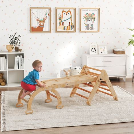 Échelle arc, échelle triangle, rampe, mur d’escalade et toboggan : structure d’escalade pliable 7-en-1 en bois pour enfants de 1,5 à 4 ans