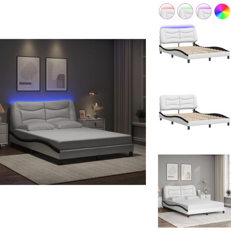 Cadre de lit avec LED sans matelas blanc et noir 140x200 cm - Lit Plateforme - Lit Design - Lit Avec Éclairage Led - Cadre Lit Blanc - Tête De Lit Rembourrée (1/5)