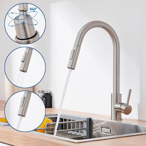 Lonheo Grifo de Cocina Extraíble con 2 Funciones, Giratorio a 360° Grifo de Fregadero Monomando Cocina en Acero Inoxidable, Aireador desmontable (1/5)