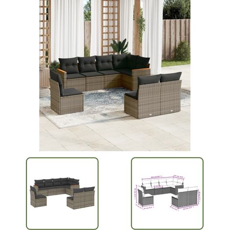 The Living Store Salon de jardin 8 pcs avec coussins gris résine tressée - Ensemble Salon De Jardin - Canapé Extérieur - Mobilier De Jardin - Résine Tressée - Rotin Synthétique (1/3)