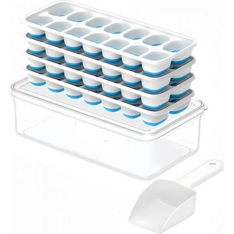 Bacs à glaçons avec couvercles et récipients, lot de 4 bacs de congélation en plastique et silicone avec boîte/récipient, empilables avec kit de glaçons, pelle, pour camping-car (1/4)