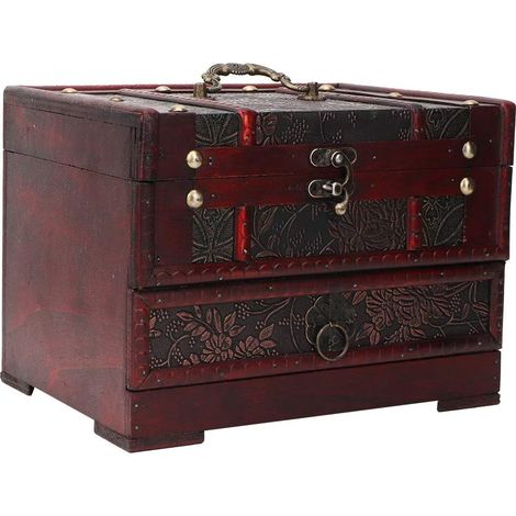 Vintage Jewelry Box with Antique Flowers, Wood Carving, Storage Box with Mirror for Jewelry Necklace (1/5)