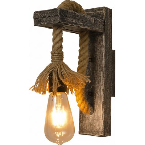 Applique da Parete in Legno e Corda di Canapa E27 – Stile Rustico Vintage Country per Interni – Lampada Decorativa da Muro per Soggiorno, Cucina, Bar e Ristoranti – 180x320 mm