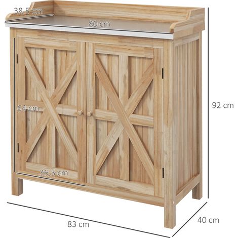 Table de rempotage meuble de jardin rangement 2 étagères, plateau galvanisé bois sapin