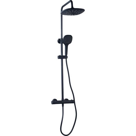 Eurosanit – Colonne de douche thermostatique noire mat – Acier inoxydable et laiton – Douche de tête orientable 24cm – 3 types de jets – Installation facile