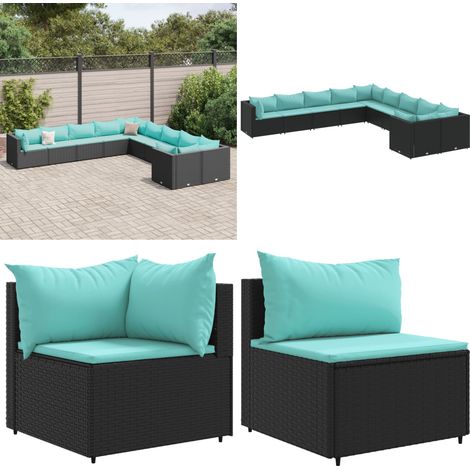 10-tlg. Garten-Sofagarnitur mit Kissen Schwarz Poly Rattan - Gartensessel - Rattanmöbel (1/5)