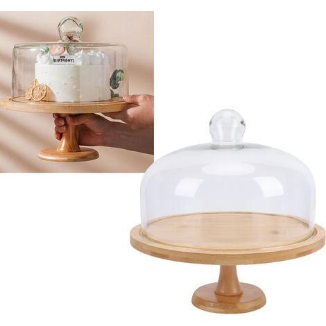 Présentoir à gâteaux en bois avec couvercle, support à gâteaux de 30 cm, plateau de service multifonctionnel, cloche à gâteaux en verre. (1/5)