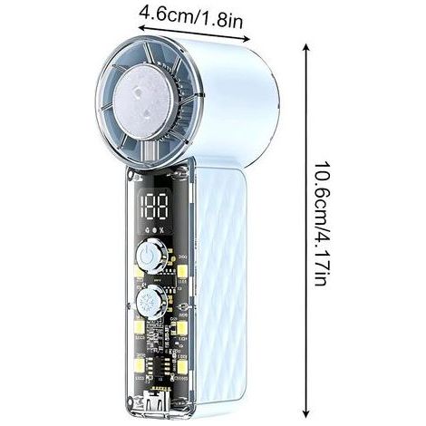 Mini-Ventilator – Abmessungen: 10,6 x 4,6 cm – Digitalanzeige (Akku + Leistung) – Wiederaufladbarer Akku (1–3 Stunden Akkulaufzeit) – Für Büro, Reisen, Picknick, Lernen (1/3)