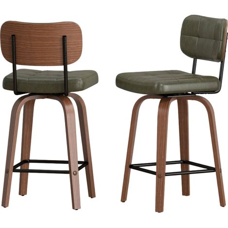 Lot de 2 tabourets de bar pivotants avec dossier ergonomique, revêtement en cuir régénéré vert, base bois et structure métal - CHICFURN (1/5)