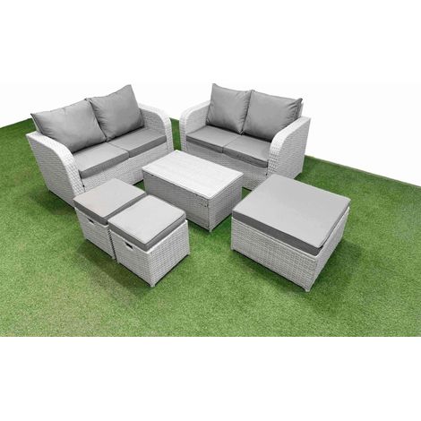 Fimous 7 Seater Outdoor Love Sofa Set Rattan Garden Furniture Set with Rectangular Coffee Table 3 Footstool Light Grey (1/5)