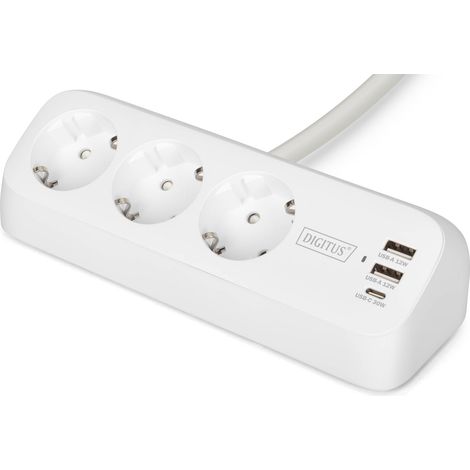DIGITUS DA-70626 - MULTIPRISE AVEC USB - 2X USB-A, 1X TYPE-C - 3X PRISE DE COURANT AVEC CONTACT DE PROTECTION - IP20 - PROTECTIO