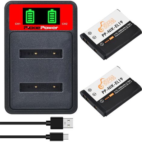 Pickle Power 2X EN-EL19 Batterie LED Double Chargeur pour Coolpix S32 S33 S100 S2500 S2800 S3100 S3200 S3500 S3600 S4100 S5200 S6500 S6600 S6800 S6900 (1/5)