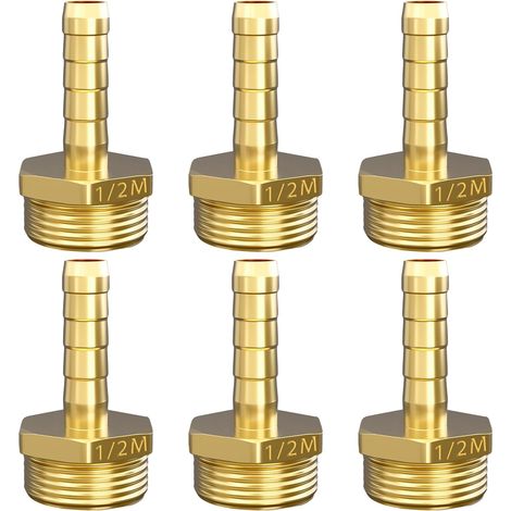 Raccords Cannelé Tuyau en Laiton 10mm Barb x 1/2 Pouce Filetage Extérieur, Raccord de Tuyau Fileté avec Hexagonal, Douille de Tuyau pour la Conversion de Tuyau(Lot de 6) (1/5)