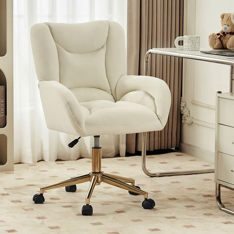 Fauteuil de bureau pivotant réglable en hauteur en velours ivoire, piètement doré, design moderne et confortable pour espace intérieur et bureau à domicile, livraison rapide. (1/5)