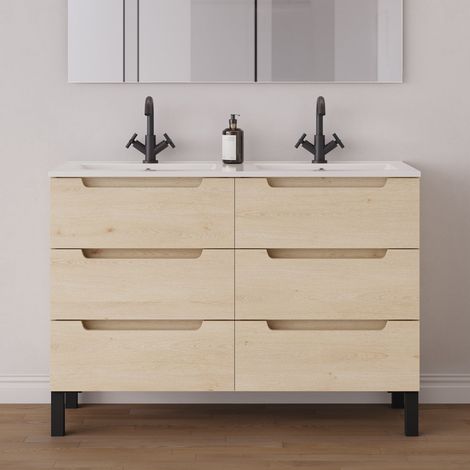 Meuble de salle de bain 120cm double vasque - 6 tiroirs - sans miroir - roble calima (bois clair) - RIZA (1/5)
