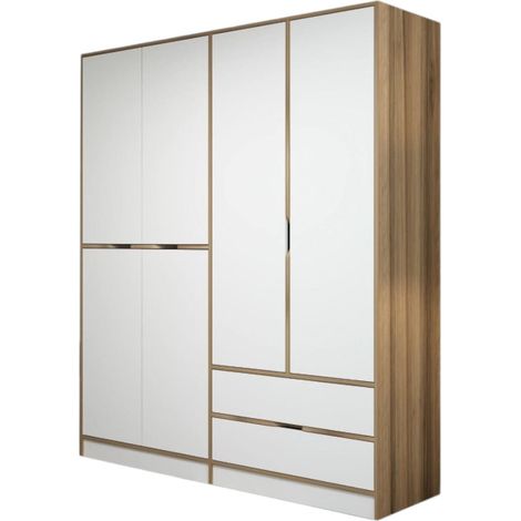 Guardaroba Grande Odalys, Armadio Camera da Letto 5 Ripiani, Appendiabiti, 2 Cassetti, 185x208h cm Bianco e Marrone noce\
