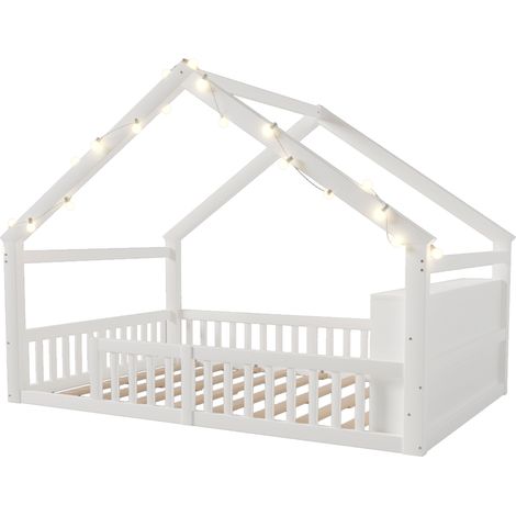 Lit enfant 140 x 190 cm en pin blanc avec barrières, étagères latérales et décor LED, sans matelas (1/5)