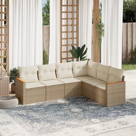 Ensemble Salon Jardin 6 Places Résine Tressée Beige avec Coussins Amovibles - Canapé d'Angle, Central et Accoudoirs (1/4)