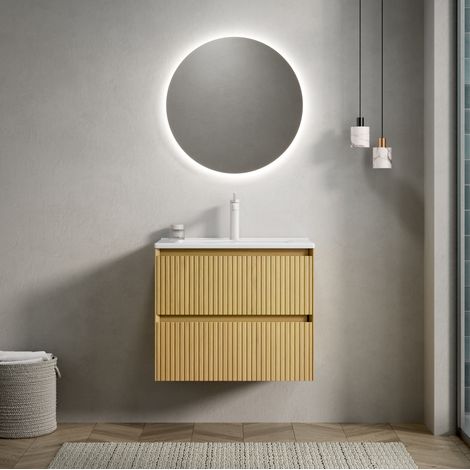 Mobile lavabo sospeso 61 cm moderno, lavabo integrato in ceramica bianca, 2 cassetti soft-close, rovere dorato (1/5)