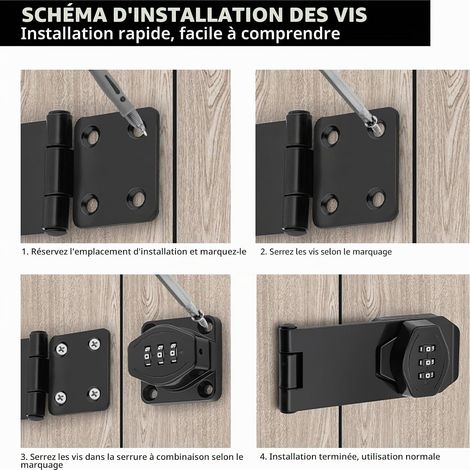 Lot de 2 verrous de sécurité verrouillables avec code - Serrure à combinaison à 3 chiffres - Verrou de porte rotatif de 10,12 cm - Pour petites portes, armoires, jardin (noir) (1/5)