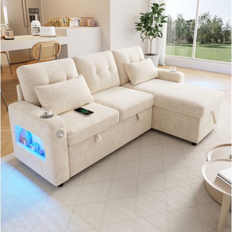 Divano angolare letto in tessuto felpa (chenille) con vano portaoggetti, LED e porte USB, beige (1/5)