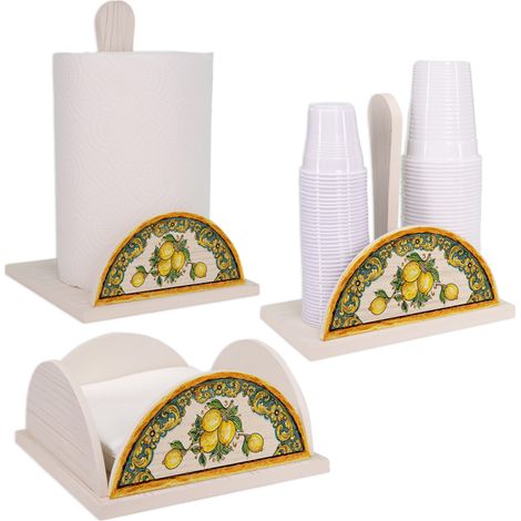 Lupia - Set 3 pezzi NEW Porta Bicchieri, Porta Tovaglioli e Porta Rotolo in legno SHABBY LEMON (1/4)