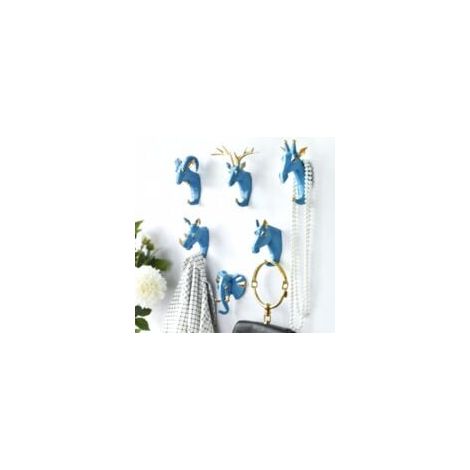 6 ganchos para abrigos: forma de cabeza de animal (ciervo, elefante, cabra), para colgar en la pared diseño creativo y retro, material resina, color azul y dorado (1/2)