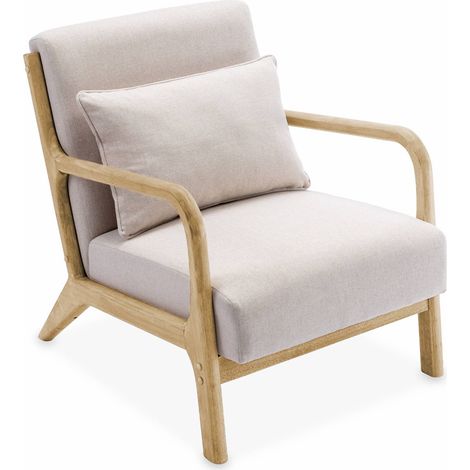 Scandi-style wooden armchair with cushion Beige 65x80x79 cm - Lorens