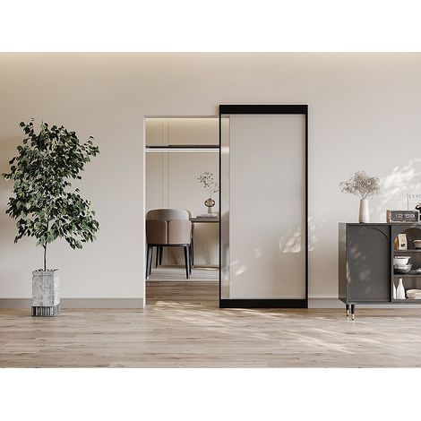 Porte coulissante avec rail invisible - aluminium et verre trempé dépoli - 103 x 210 cm - TORIPA (1/2)