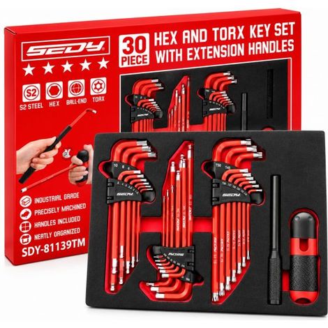 Set 30 Chiavi con Impugnatura a T Torx Esagonali S2 Metriche SAE Testa Sferica (1/5)