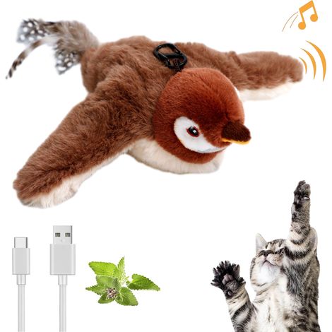 Jouet chat interactif moineau à plumes, ailes battantes et sons réalistes, stimule les chatons.