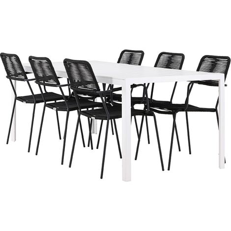 Break Gartenset Tisch 90x205cm weiß, 6 Stühle schwarz.