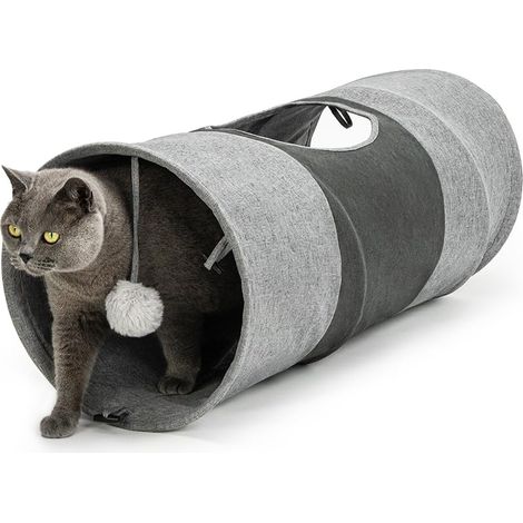 lionto Tunnel per gatti con palla da gioco, 30x70 cm, Tunnel da gioco pieghevole ed espandibile in materiale di lino sintetico di facile manutenzione per gatti, robusto giocattolo per gatti, 30 cm (1/5)