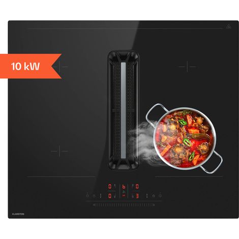 Klarstein AirJet Basic Table à induction avec Hotte intégrée - 10 kW, 600 m³/h, CEE A+, 52 dB, 9 vitesses, Commande tactile, Filtre aluminium, Noir