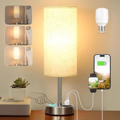 1 lampe de chevet tactile, gradation 3 niveaux, abat-jour en lin blanc + ports USB-A/Type-C, lampe de table moderne pour chambre, salon et bureau (1/4)