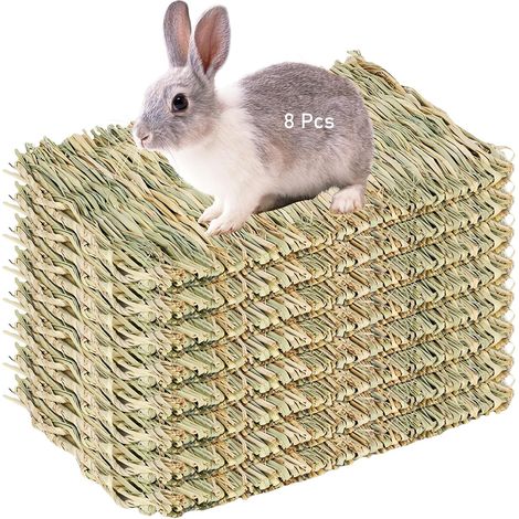 Lot de 8 tapis d'herbe tissé pour petits animaux, 28 x 20 cm, naturel, sûr et comestible, jouet à mâcher pour cochons d'Inde, lapins, hamsters, souris (1/5)