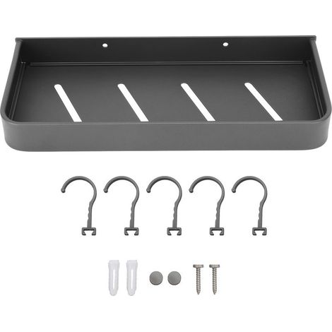 Étagère murale de douche en aluminium noir lisse, robuste et élégante, avec 5 crochets, idéale pour la cuisine et la buanderie (30 cm). (1/5)