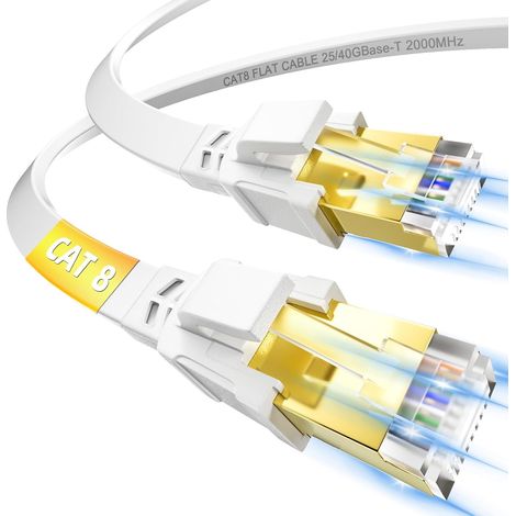 Câble Ethernet 5m, Cat 8 Cable Réseau Plat Haut Débit Fibre RJ45 5 Mètres, 40Gbps 2000MHz Câble LAN Blindé Gigabit Fil Internet Blanc pour PS5/4 Routeur Switch (1/5)