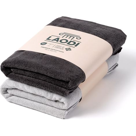 Lot de 2 serviettes de douche 70 x 140 cm en 100 % coton - 570 g/m² - Absorbantes et douces - Fabriqué au Portugal - 2 couleurs - Gris antarctique et gris orage (1/5)